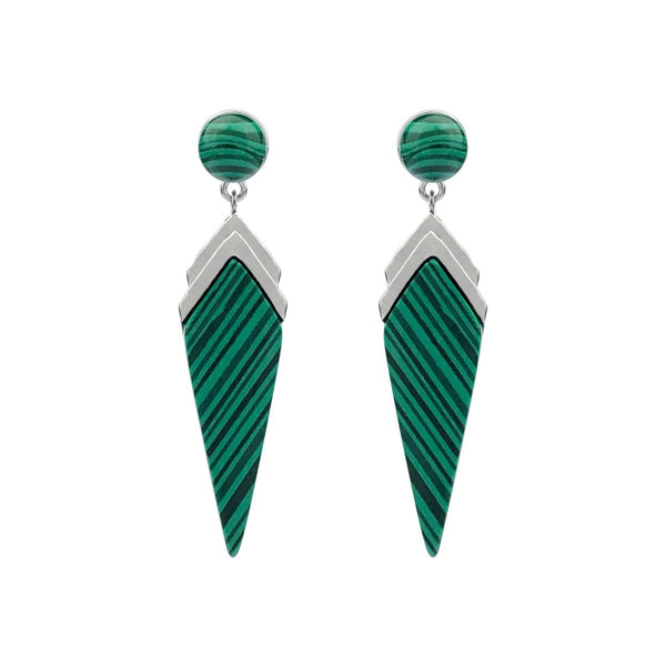 An Art Deco inspired created green Malachite gemstone pendant necklace & earring set.