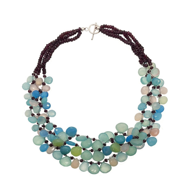 Aqua Chalcedony and Garnet Multi-Gemstone Necklace with Silver Clasp - Franki Baker Jewellery