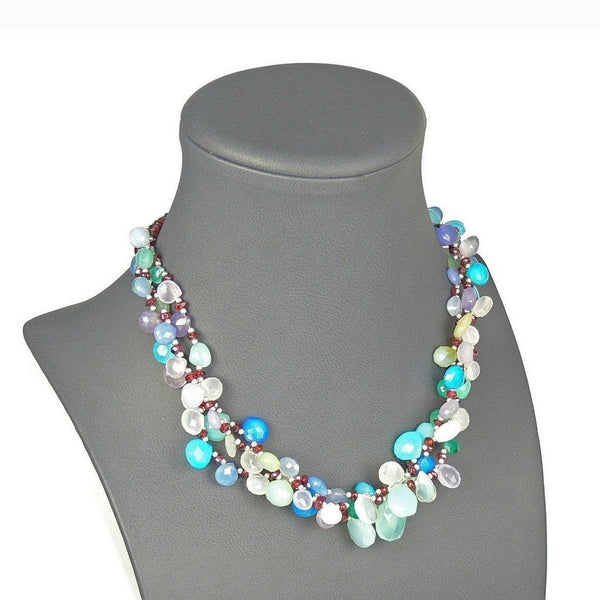 Aqua Chalcedony and Garnet Multi-Gemstone Necklace with Silver Clasp - Franki Baker Jewellery