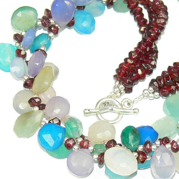 Aqua Chalcedony and Garnet Multi-Gemstone Necklace with Silver Clasp - Franki Baker Jewellery