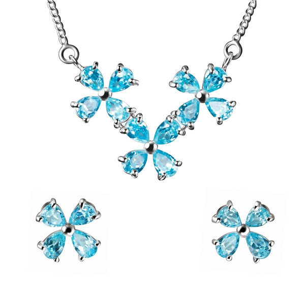 Aquamarine Blue Coloured CZ Flower Necklace & Earring Set on Sterling Silver - Franki Baker Jewellery