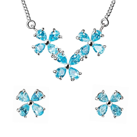 Aquamarine Blue Coloured CZ Flower Necklace & Earring Set on Sterling Silver - Franki Baker Jewellery