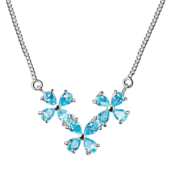 Aquamarine Blue Coloured CZ Flower Necklace on Sterling Silver Chain