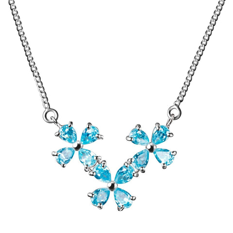 Aquamarine Blue Coloured CZ Flower Necklace on Sterling Silver Chain
