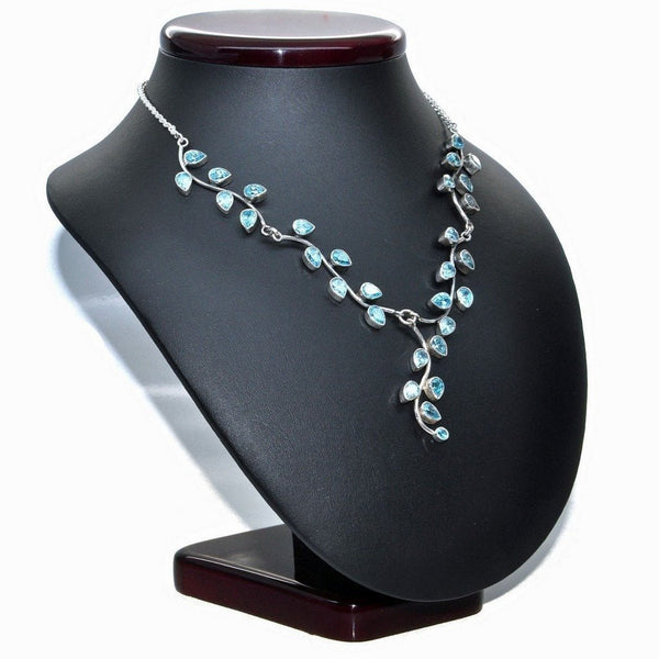 Aquamarine Blue Cubic Zirconia and Sterling Silver Vine Leaf Necklace - Franki Baker Jewellery