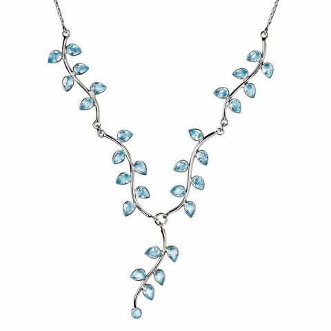 Aquamarine Blue Cubic Zirconia and Sterling Silver Vine Leaf Necklace - Franki Baker Jewellery