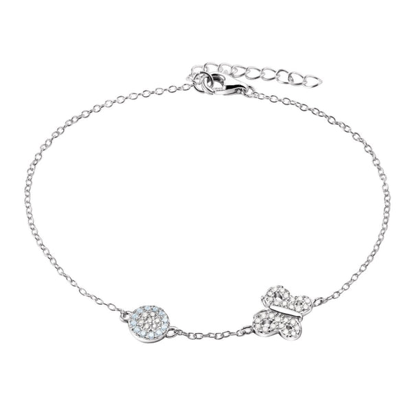 Aquamarine Blue Flower & Crystal Butterfly Bracelet 925 Sterling Silver Length 18cm - Franki Baker Jewellery