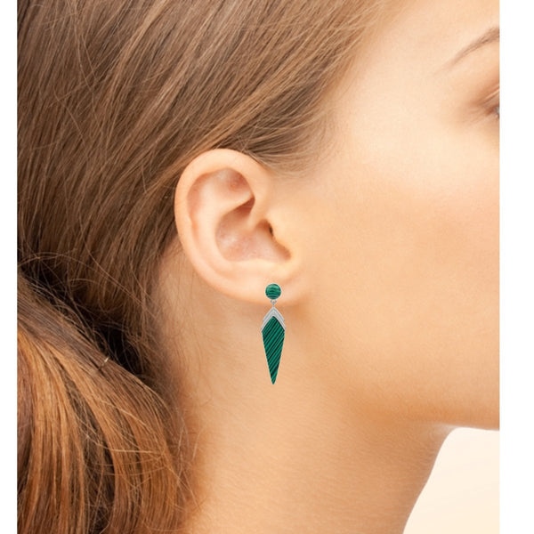 Art Deco Style Created Green Malachite & Sterling Silver Earrings. Length: 3.5cm