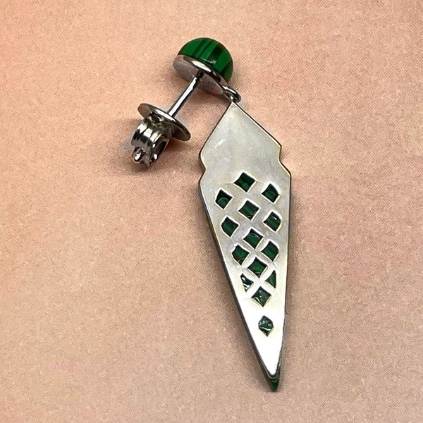 Art Deco Style Created Green Malachite & Sterling Silver Earrings. Length: 3.5cm