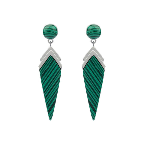 Art Deco Style Created Green Malachite & Sterling Silver Earrings. Length: 3.5cm - Franki Baker Jewellery