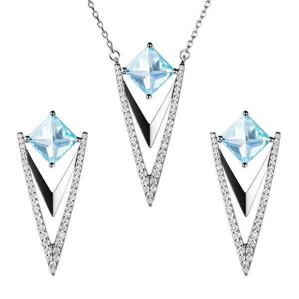 Art Deco Style Sterling Silver Aquamarine Crystal Drop Earrings & Pendant Necklace Set.