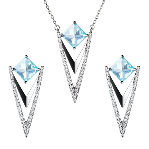 Art Deco Style Sterling Silver Aquamarine Crystal Drop Earrings & Pendant Necklace Set.