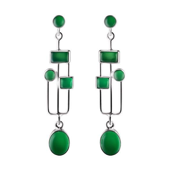 Arts and Crafts Style Green Onyx Silver Long Earrings - Franki Baker Jewellery