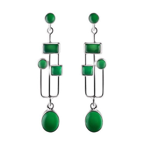 Arts and Crafts Style Green Onyx Silver Long Earrings - Franki Baker Jewellery