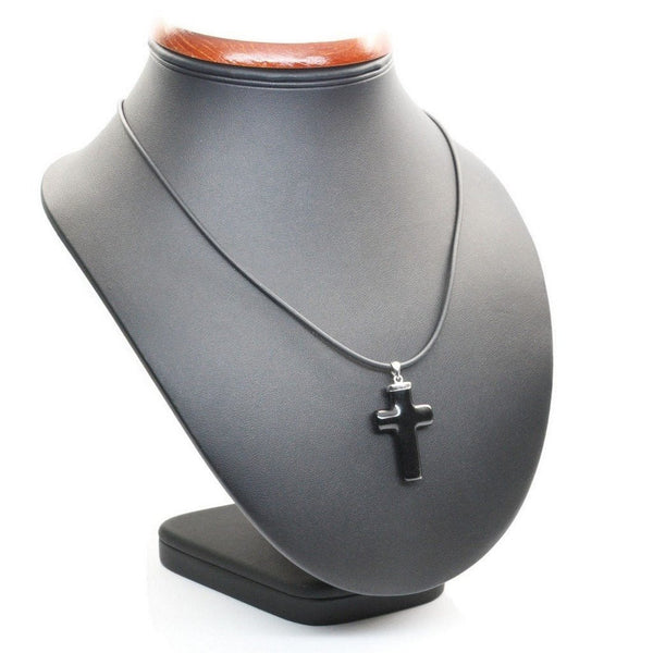 Black Agate and Silver Cross Pendant on Free Rubber Necklace - Franki Baker Jewellery