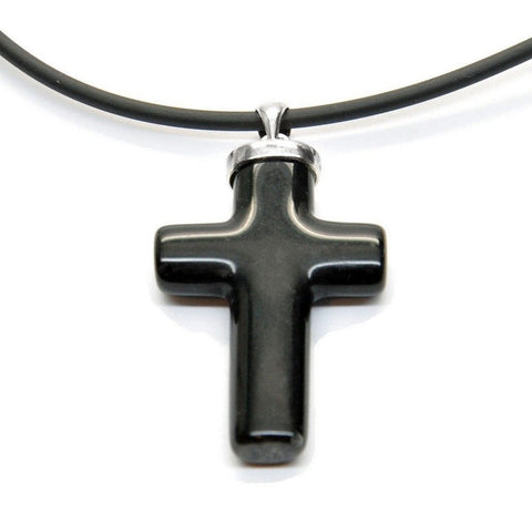 Black Agate and Silver Cross Pendant on Free Rubber Necklace - Franki Baker Jewellery