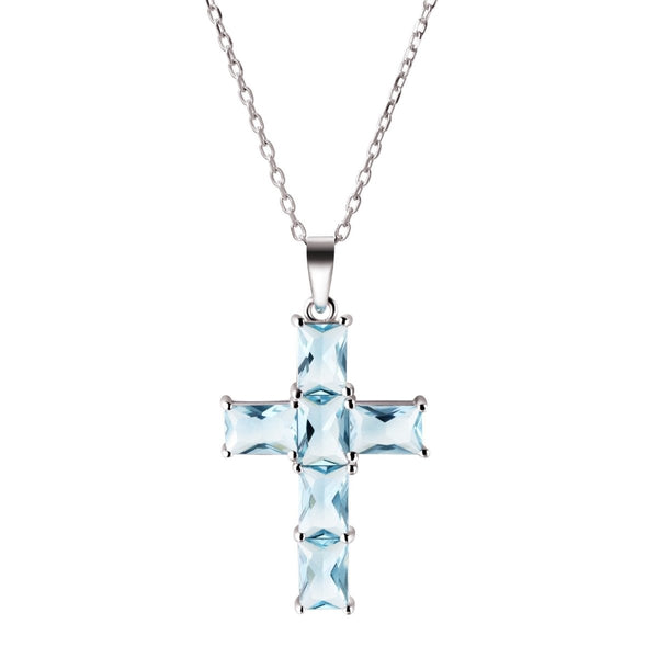 Blue Aquamarine Crystals & 925 Sterling Silver Cross Pendant Necklace. - Franki Baker Jewellery
