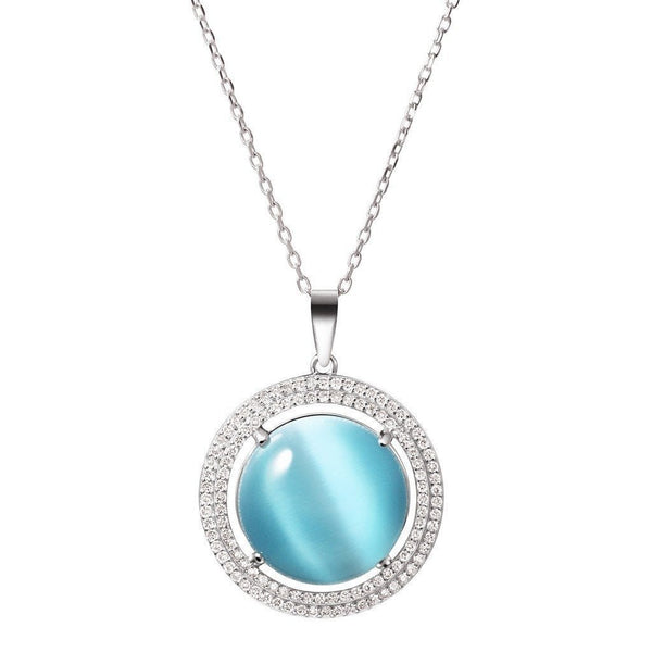 Blue Cat's Eye and Crystal Sterling Silver Pendant & Chain Necklace - Franki Baker Jewellery