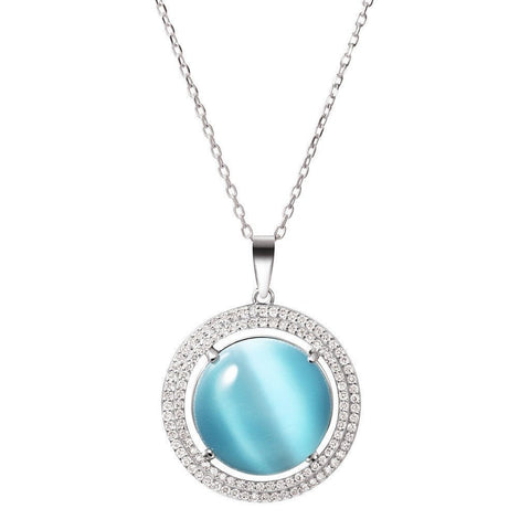 Blue Cat's Eye and Crystal Sterling Silver Pendant & Chain Necklace - Franki Baker Jewellery