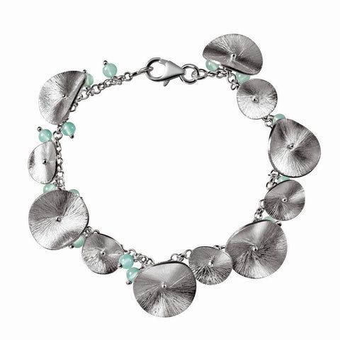 Blue-Green Aqua Chalcedony Brushed Sterling Silver Lily-Pad Bracelet - Franki Baker Jewellery