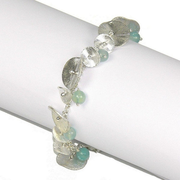Blue-Green Aqua Chalcedony Brushed Sterling Silver Lily-Pad Bracelet - Franki Baker Jewellery