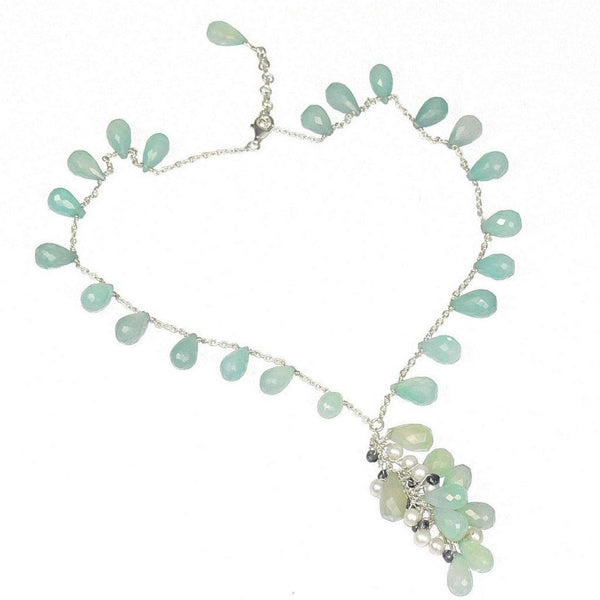 Blue-Green Chalcedony and Pearl Necklace on Silver Chain - Franki Baker Jewellery