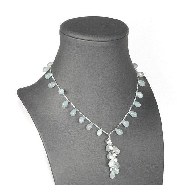 Blue-Green Chalcedony and Pearl Necklace on Silver Chain - Franki Baker Jewellery
