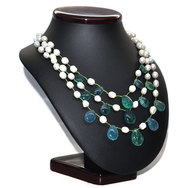 Blue Green Fluorite Gemstone and Pearl Statement Necklace - Franki Baker Jewellery