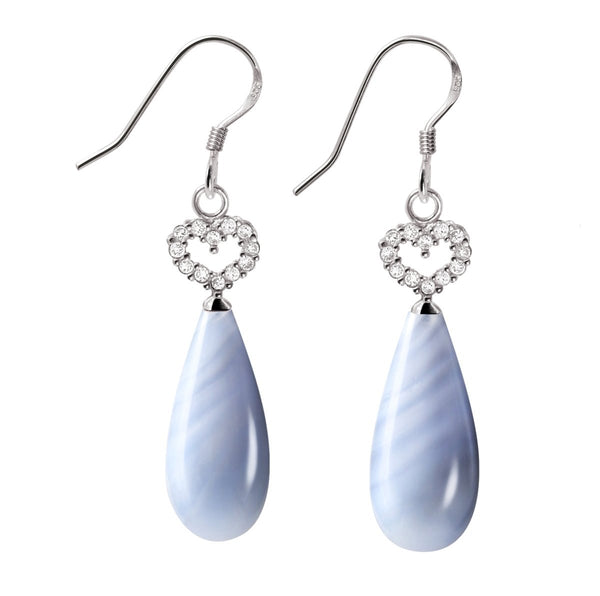 Blue Lace Agate Gemstone CZ Hearts & Sterling Silver Pear Drop Earrings. Total Earring Length: 4.5cm.