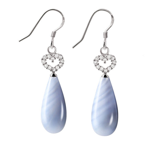 Blue Lace Agate Gemstone CZ Hearts & Sterling Silver Pear Drop Earrings. Total Earring Length: 4.5cm.