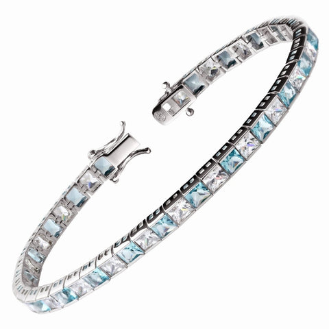 Blue Princess Cut Aquamarine & Diamond CZ & 925 Sterling Silver Tennis Bracelet. - Franki Baker Jewellery