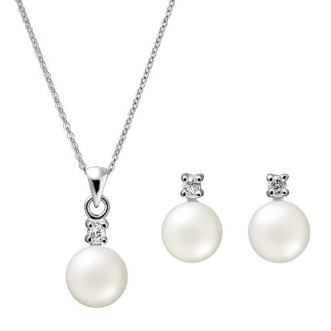 Classic White Pearl, Cubic Zirconia & Silver Pendant & Earrings Set - Franki Baker Jewellery