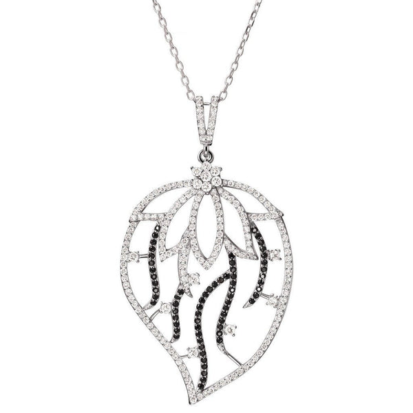 Clear and Black Crystal Silver Leaf and Flower Pendant Necklace - Franki Baker Jewellery