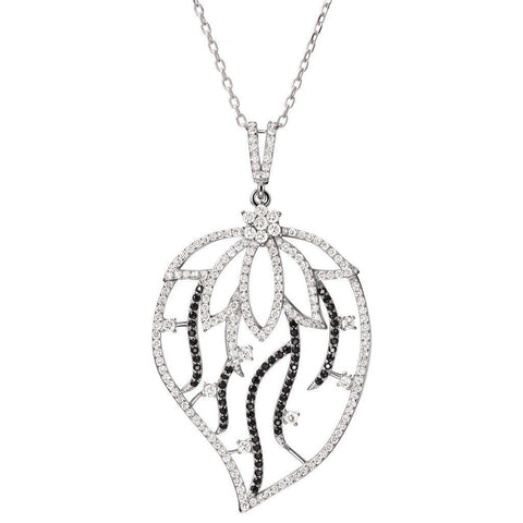 Clear and Black Crystal Silver Leaf and Flower Pendant Necklace - Franki Baker Jewellery