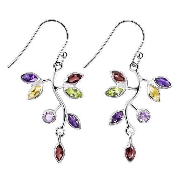 Colourful Garnet, Amethyst, Peridot, Citrine Gemstone and Sterling Silver Vine Leaf Earrings - Franki Baker Jewellery