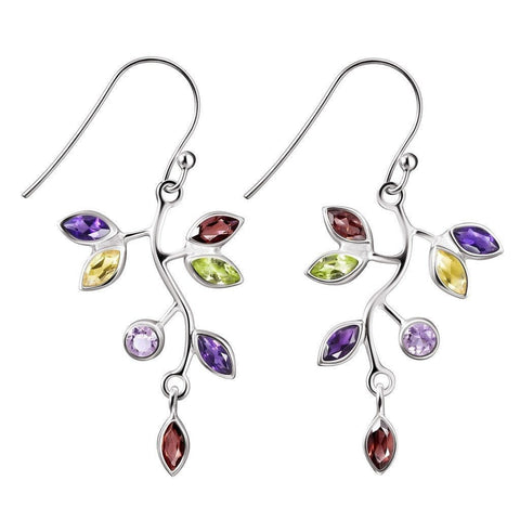 Colourful Garnet, Amethyst, Peridot, Citrine Gemstone and Sterling Silver Vine Leaf Earrings - Franki Baker Jewellery