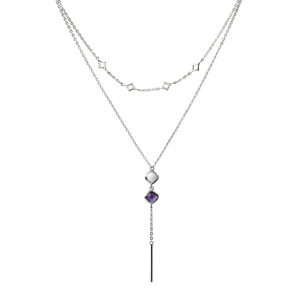 Dainty 925 Sterling Silver Necklace with Amethyst & Chalcedony Gem Detail. Length: 45+5cm