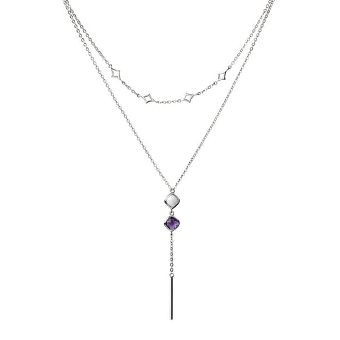 Dainty 925 Sterling Silver Necklace with Amethyst & Chalcedony Gem Detail. Length: 45+5cm