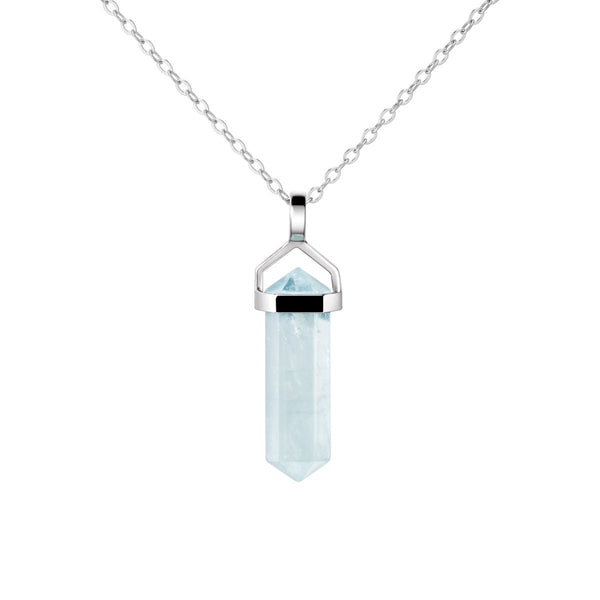 Dainty Blue Aquamarine Gemstone Double Point Pendant Necklace on 925 Sterling Silver Box Chain.