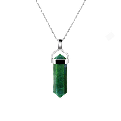 Small Green African Jade Gemstone Double Point Pendant Necklace on 925 Sterling Silver Box Chain. Chain Length: 50cm