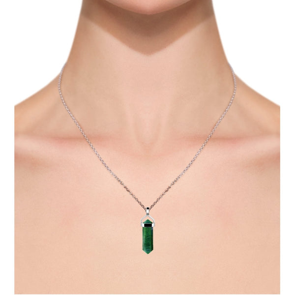 Small Green African Jade Gemstone Double Point Pendant Necklace on 925 Sterling Silver Box Chain. Chain Length: 50cm