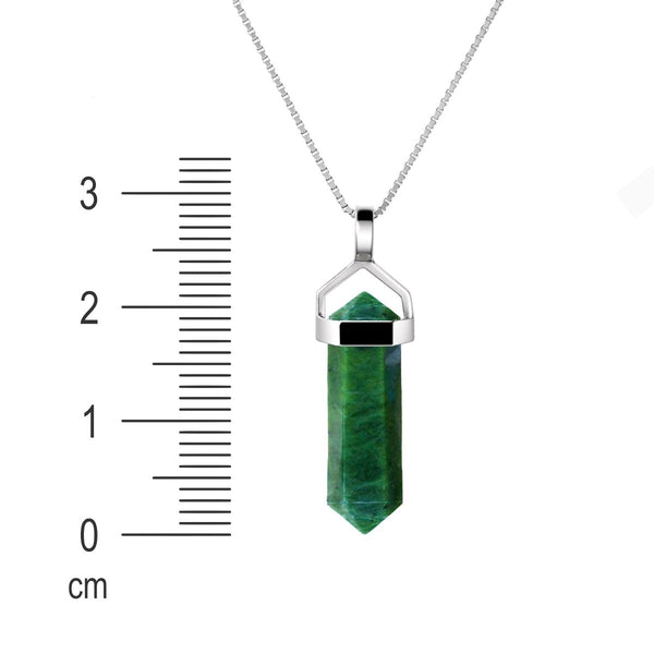 Small Green African Jade Gemstone Double Point Pendant Necklace on 925 Sterling Silver Box Chain. Chain Length: 50cm