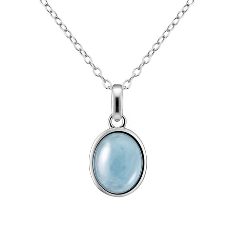 Dainty Natural Blue Aquamarine Oval Gemstone Pendant Necklace on 925 Sterling Silver.
