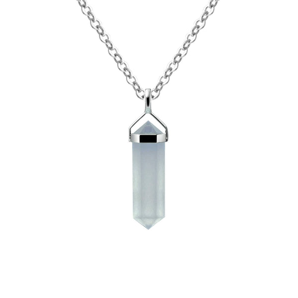 Dainty Natural Light Blue Chalcedony Gemstone Double Point Pendant Necklace on 925 Sterling Silver. Pendant Length: 3cm. Chain Length: 50cm