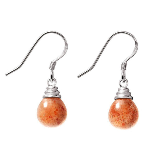 Dainty Round Shape Sunstone and Sterling Silver Drop Earrings - Franki Baker Jewellery