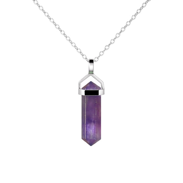 Dainty Sterling Silver & Natural Amethyst Gemstone Double Point Pendant Necklace. Length: 50cm