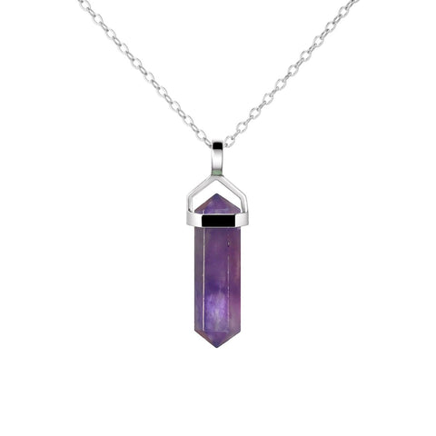 Dainty Sterling Silver & Natural Amethyst Gemstone Double Point Pendant Necklace. Length: 50cm