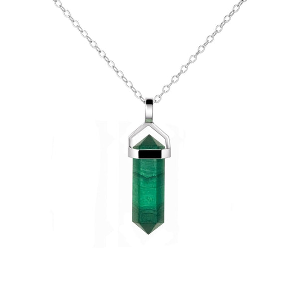 Dainty Sterling Silver & Natural Green Malachite Gemstone Double Point Pendant Necklace. Length: 50cm