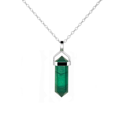 Dainty Sterling Silver & Natural Green Malachite Gemstone Double Point Pendant Necklace. Length: 50cm