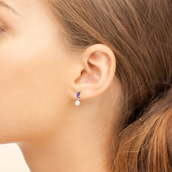 Dainty Sterling Silver & Pink Garnet Butterfly Wings & Natural Pearl Dangle Drop Earrings